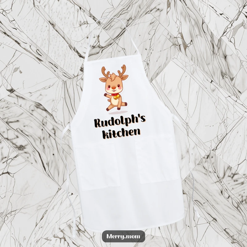 Funny apron depicting a playful reindeer with rosy cheeks, prancing happily with festive bells, ready for holiday baking and cheer.