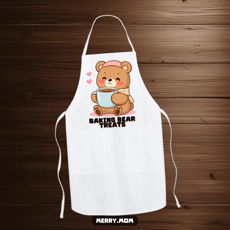 Kawaii bear mom offering a mug of cocoa, a humorous and practical apron for cozy kitchen experiences.