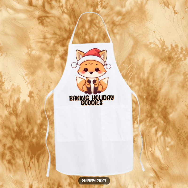 Funny Santa Fox apron featuring a cute fox in a tiny Santa hat, anticipating holiday treats.