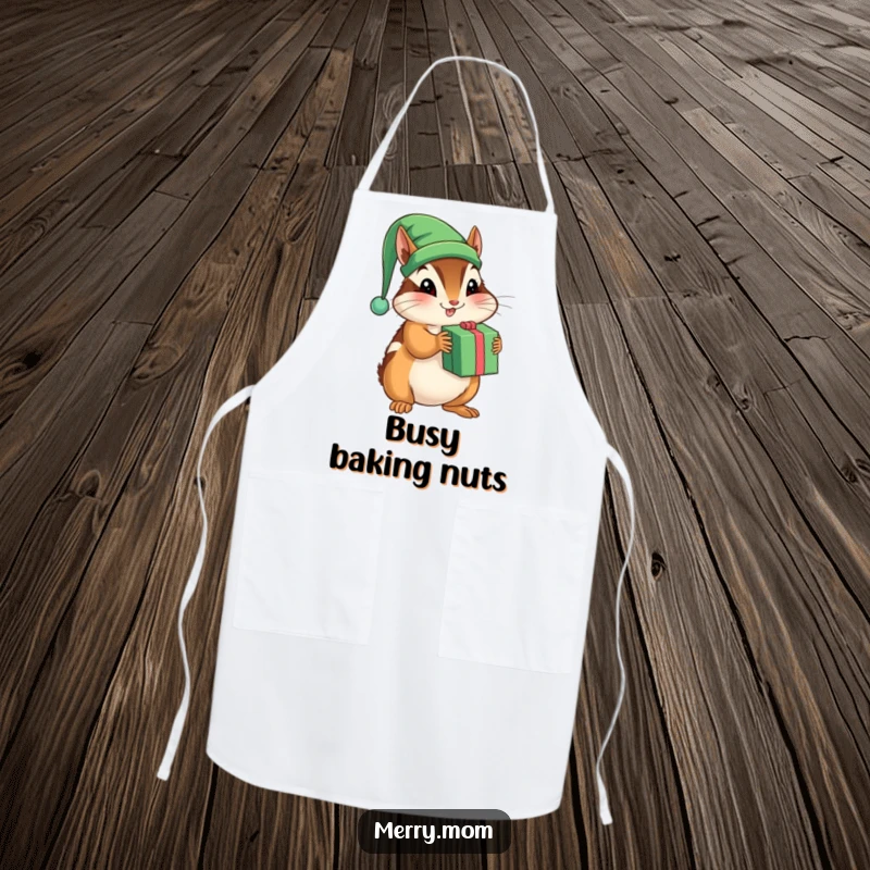 Funny apron showing a playful chipmunk wearing an elf hat, shaking a present for the holidays.