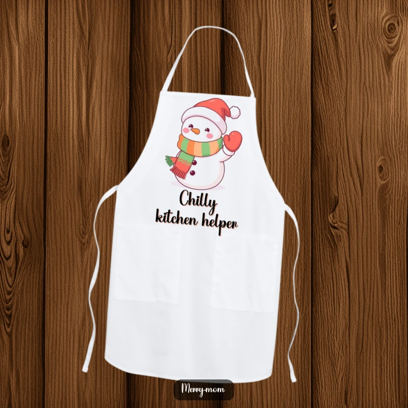Funny kawaii snowman apron with a cute snowman in a festive scarf waving a mitten, perfect for festive culinary tasks.