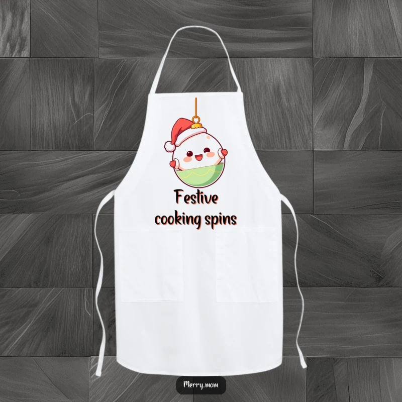 Funny apron featuring a cute Kawaii Christmas ornament character happily spinning, perfect for holiday cooking.