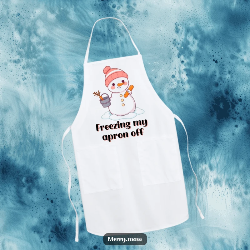 Funny animal with bucket and carrot building a snowman on a kitchen apron, for a fun cooking experience.