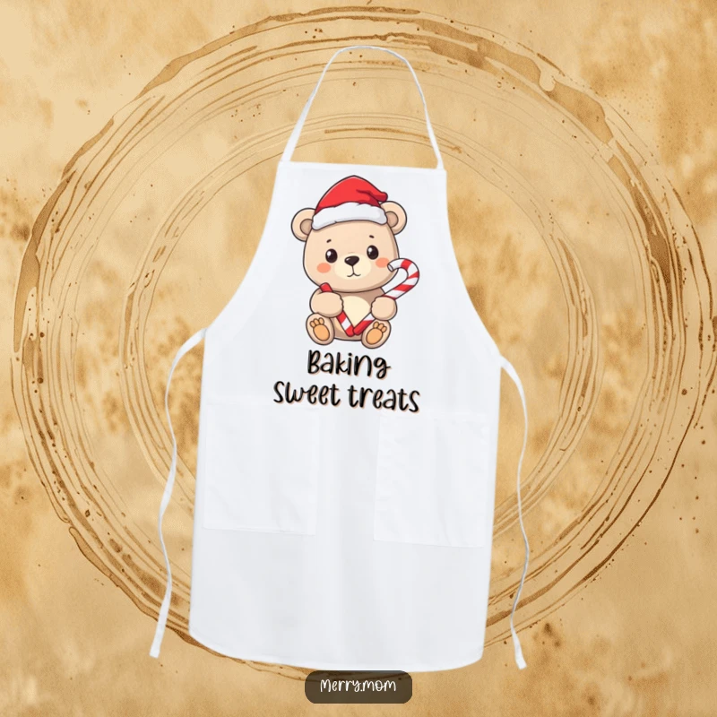 Funny apron showing a sweet bear wearing a Santa hat, holding a candy cane for the holidays.