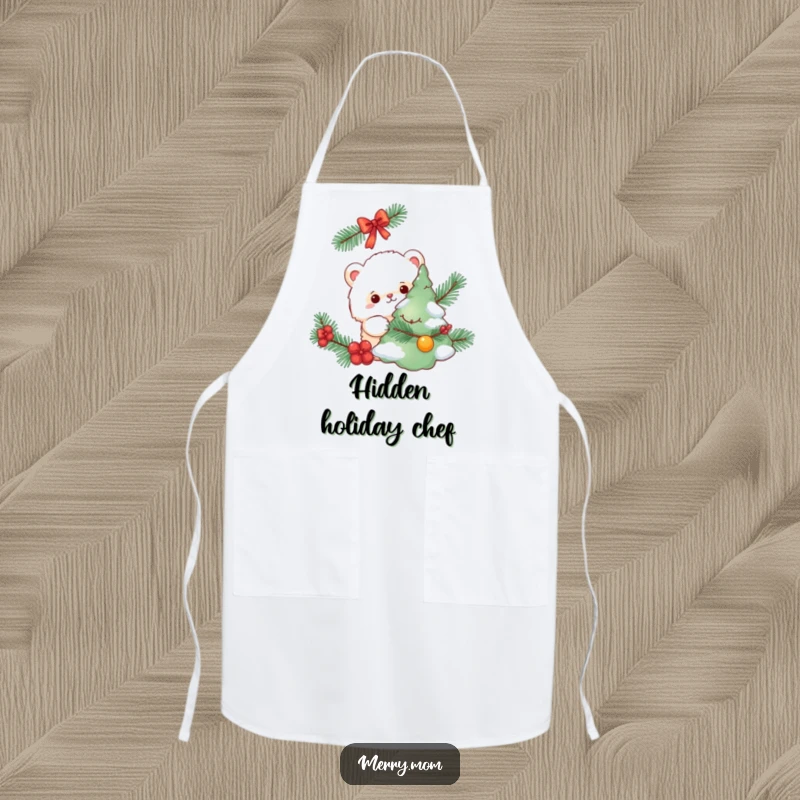 Funny apron, fluffy creature peeking from behind a decorated tree, humorous kitchen wear.