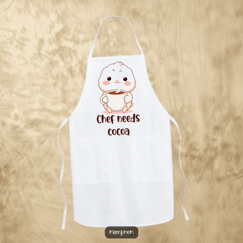 Funny kitchen apron with a cute creature sporting a warm smile, holding a steaming mug of cocoa, ideal for cozy cooking.