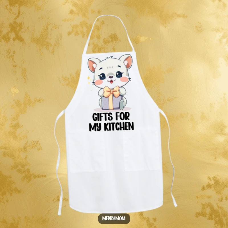 Funny apron featuring an animal with sparkling eyes, excitedly unwrapping a gift, perfect for holiday cooking.