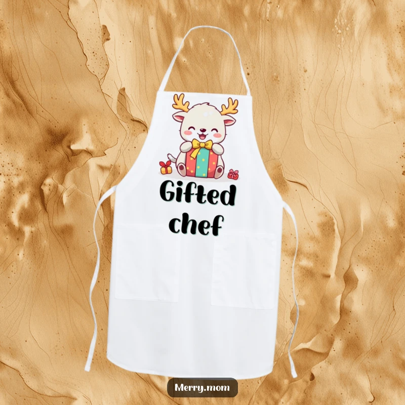 Funny kitchen apron with a cute creature wearing festive antlers, gleefully unwrapping a gift, perfect for holiday baking.