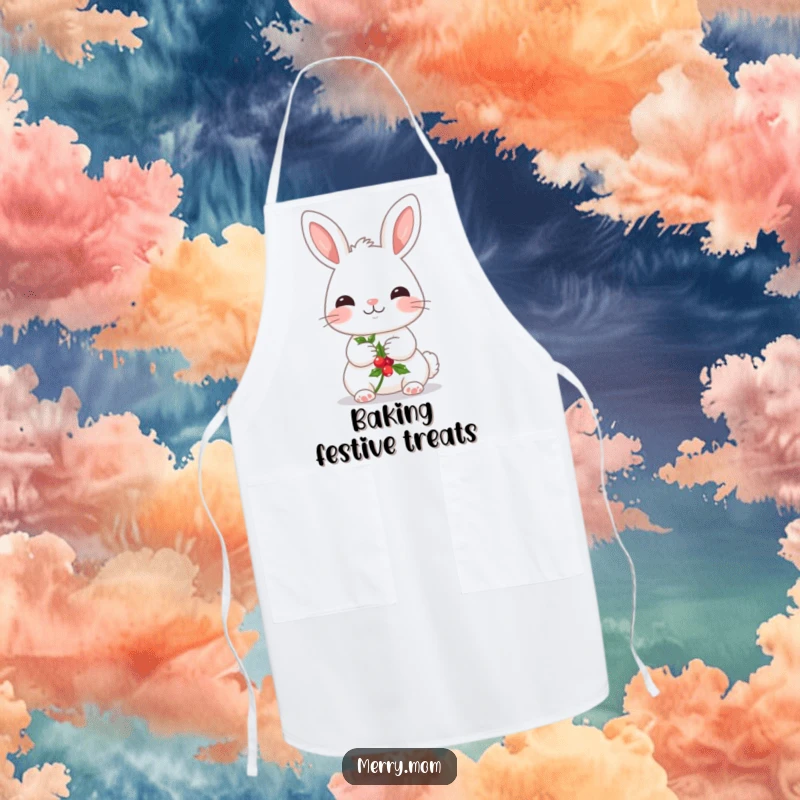 Funny apron depicting a kawaii bunny with rosy cheeks, holding a sprig of holly, for sweet holiday baking.