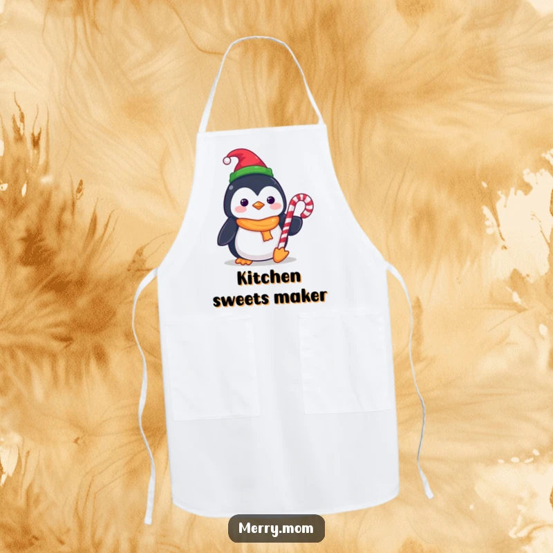 Funny Kawaii Penguin Apron, ideal for holiday baking, featuring an elf hat and a candy cane for festive flair.