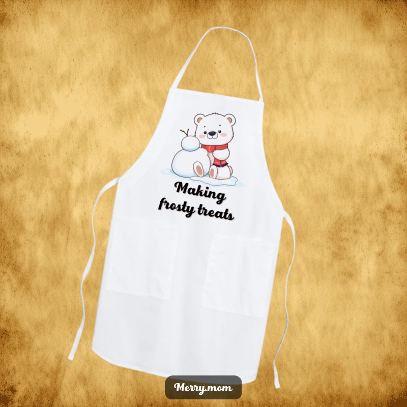 Funny Kawaii Polar Bear Cub Apron, perfect for winter baking, showing cheerful snowman building and kitchen fun.