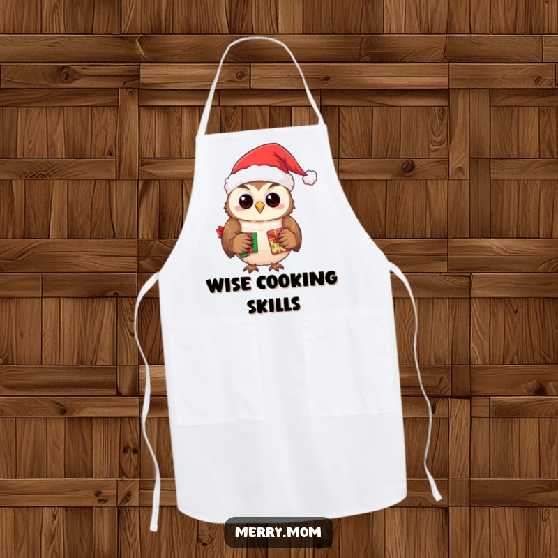 Funny apron showing a smiling owl wearing a Santa hat, delivering presents wisely.