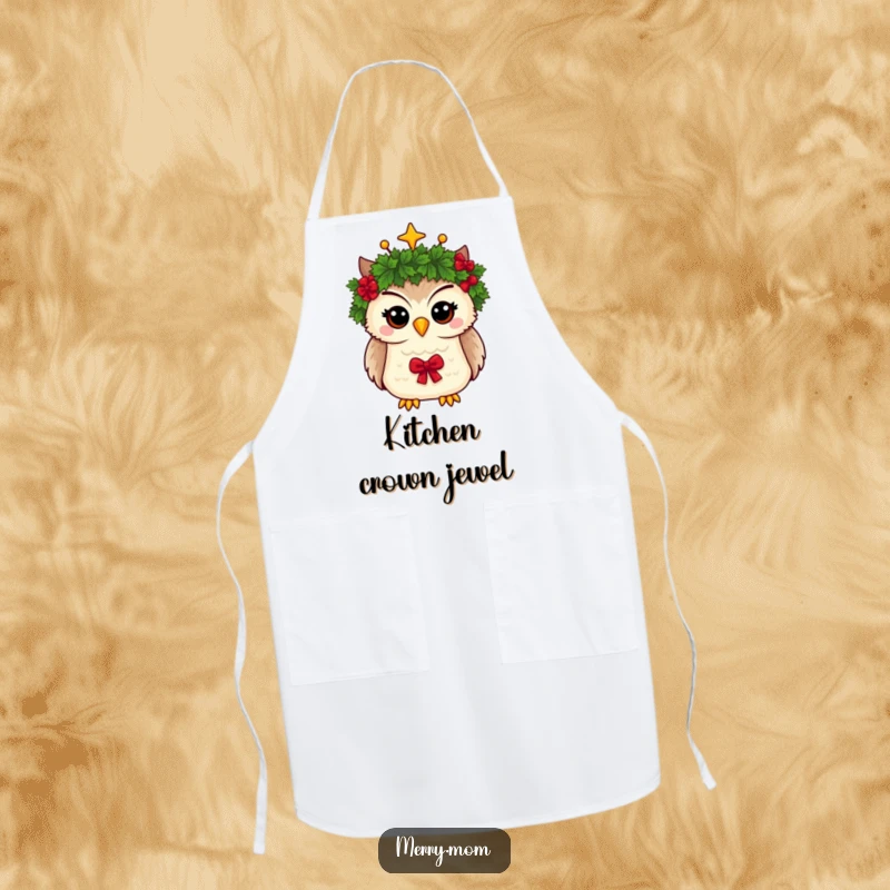 Funny apron showing a whimsical owl wearing a Christmas wreath as a crown, ideal for festive culinary adventures.