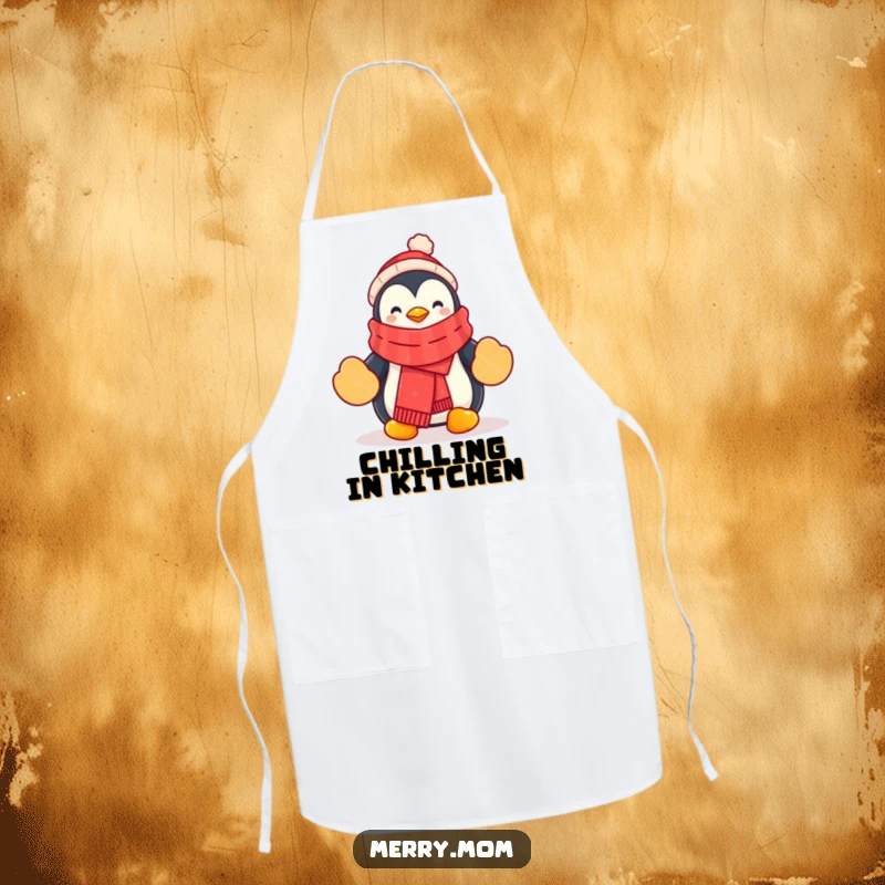 Funny Penguin Apron featuring a cartoon penguin wearing a festive scarf and mittens, ideal for winter baking.
