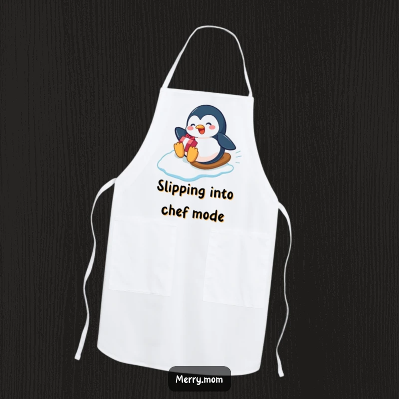 Funny playful penguin sliding down an icy slope with a gift on an apron, ideal for a humorous winter kitchen.