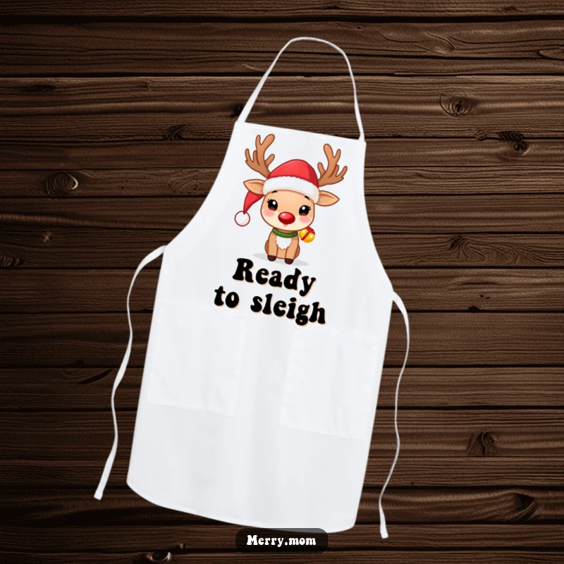 Funny Reindeer Apron featuring a cute reindeer in a Santa hat with jingle bells, ideal for holiday cooking.