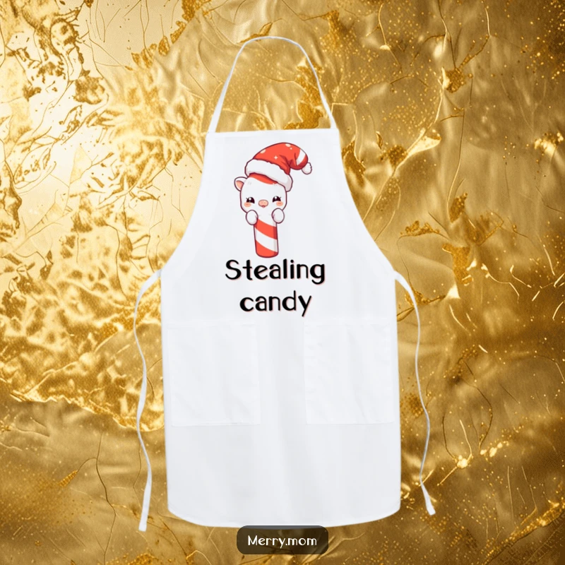Funny kitchen apron with a cute creature wearing a Santa hat, peeking from behind a giant candy cane, adding holiday cheer to cooking.