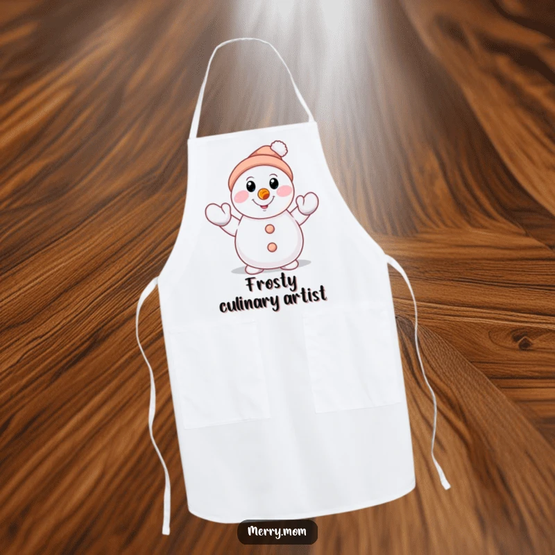 Funny smiling snowman character with carrot nose, waving a mittened hand on an apron, ideal for a humorous winter kitchen.