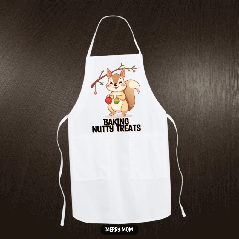 Funny Squirrel Apron featuring a cheerful squirrel decorating a branch with tiny ornaments, ideal for holiday baking.