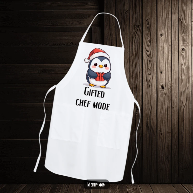 Funny kawaii penguin in a Santa hat, holding a gift, ready for kitchen adventures on a humorous holiday apron.
