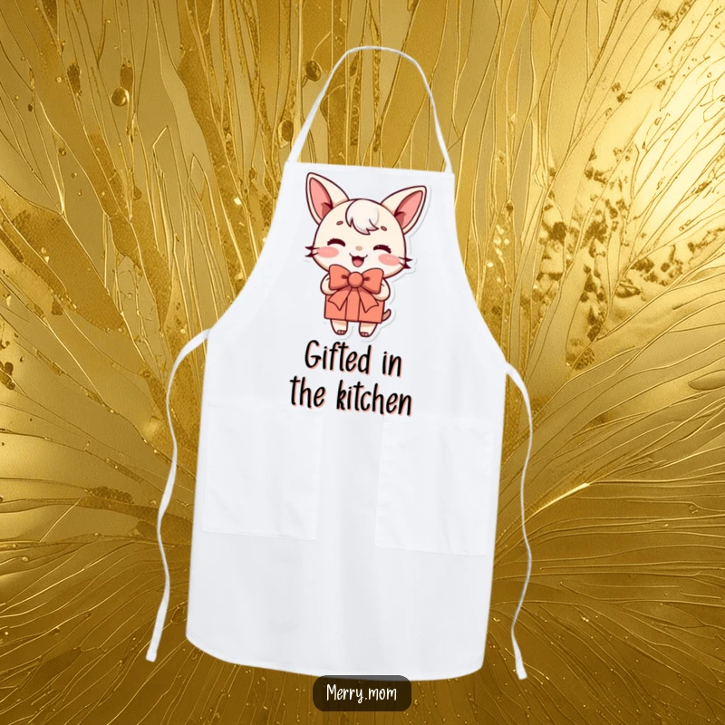 Funny apron showcasing a joyful present character with a jauntily tied bow, making kitchen tasks more fun and festive.