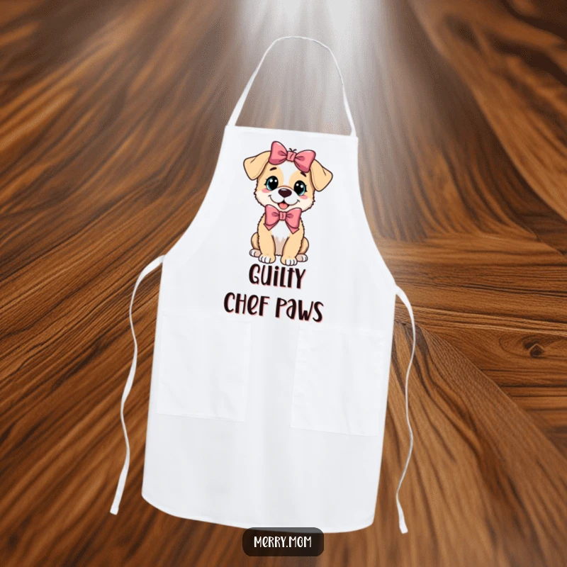 Funny playful puppy wearing a festive bow, on a cute apron, perfect for chefs and dog enthusiasts.