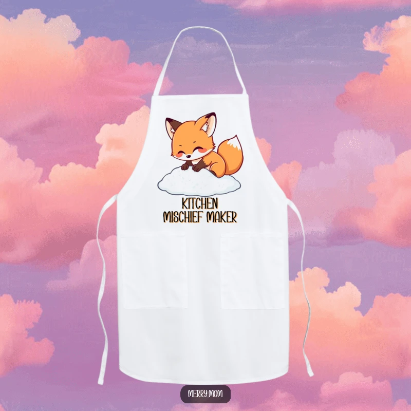 Kawaii fox character digging in sparkling snow, a humorous and practical garment for winter baking.