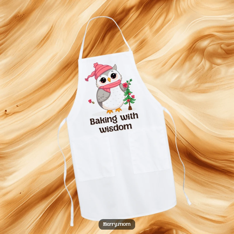 Kawaii owl mom wearing an apron, decorating a small Christmas tree, a humorous and practical garment for holiday baking.