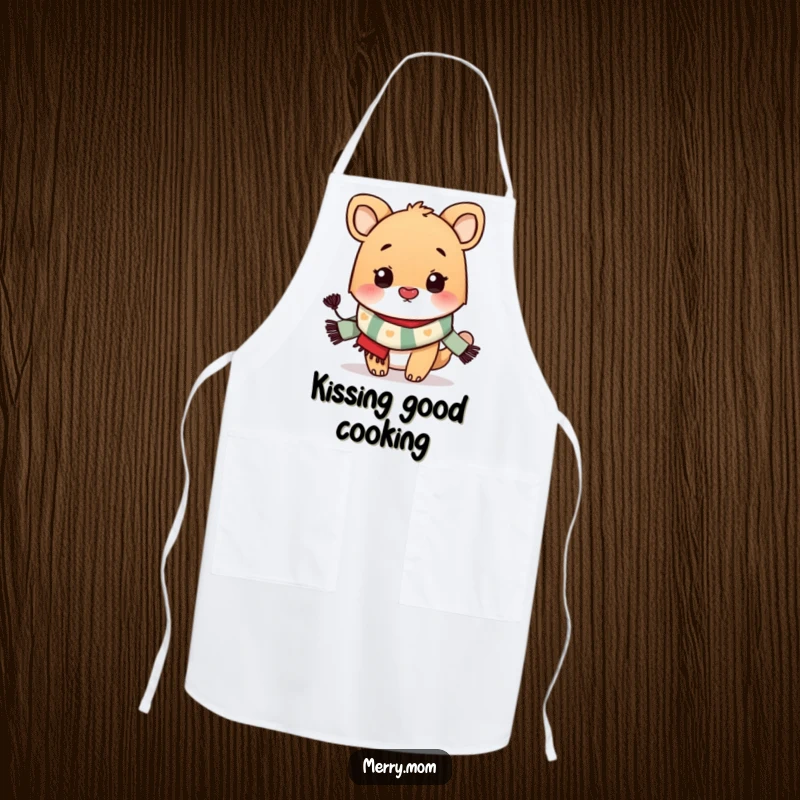 Funny Apron: A festive animal wearing a scarf, blowing a kiss, designed for kitchen fun and protection.