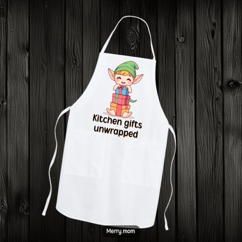 Funny Kawaii elf character joyfully stacking colorful gift boxes on an apron, perfect for a humorous holiday cook.