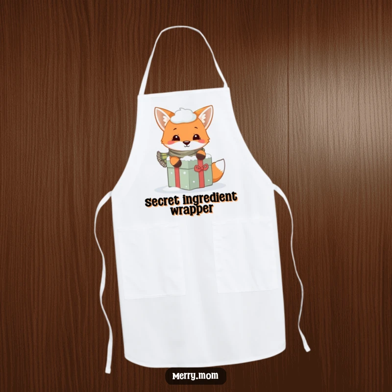 Funny apron showing a playful fox wearing a scarf, peeking from behind a snow-covered gift, ideal for winter cooking.