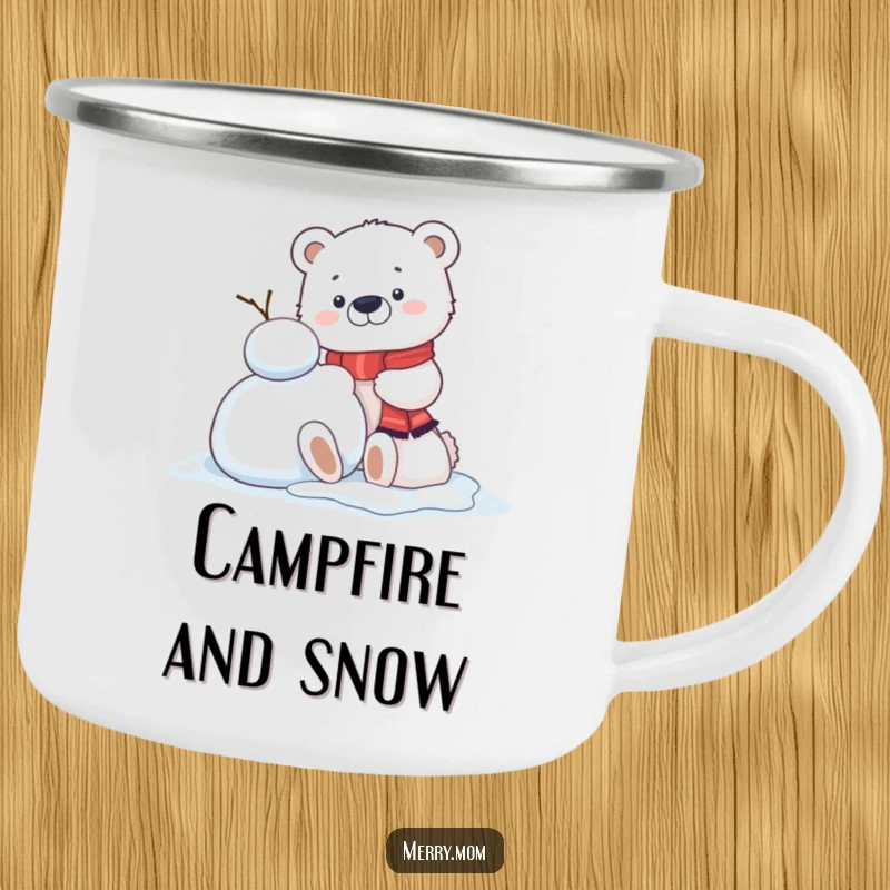 Funny Kawaii Polar Bear Cub Camping Mug, durable for outdoor fun, cheerfully building a snowman, ideal for winter.