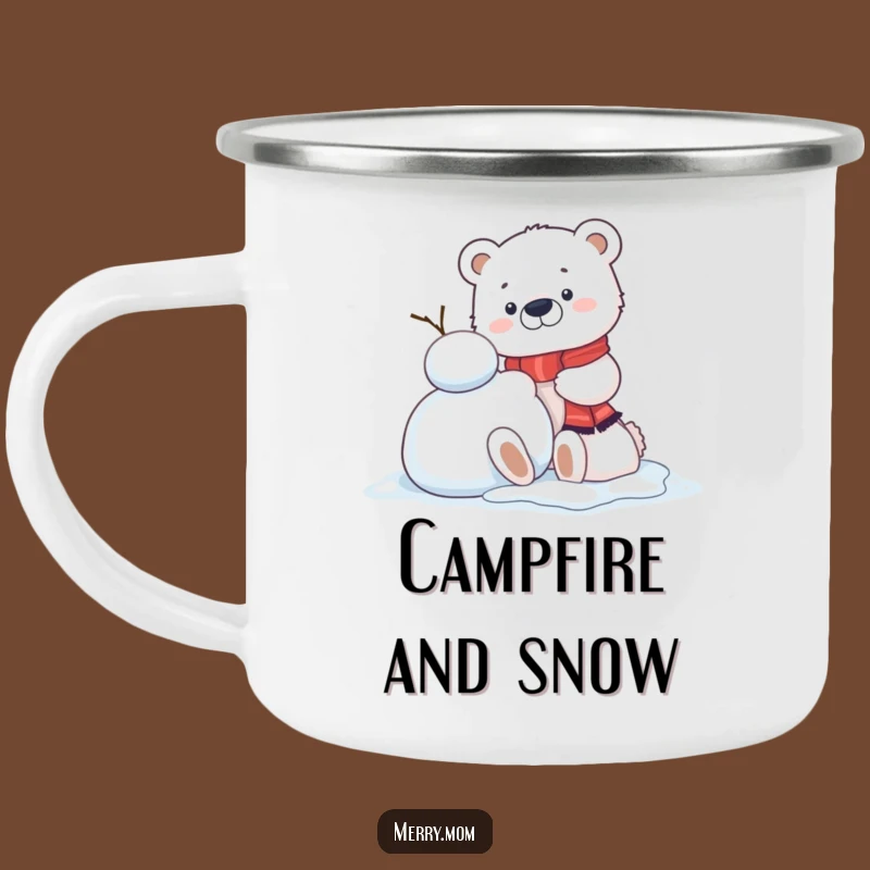 Funny Kawaii Polar Bear Cub Camping Mug: Snowman Building Adventure, Rustic Winter Gift