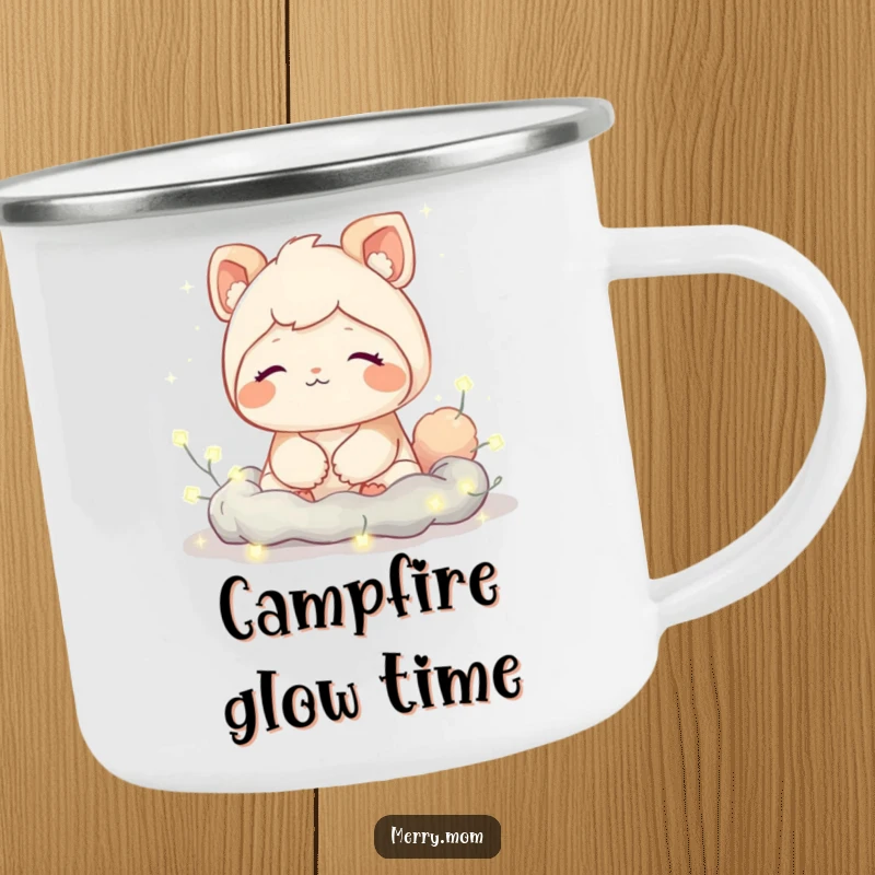 Funny camping mug with a cute creature expressing a contented sigh, nestled amongst twinkling fairy lights, perfect for relaxing outdoors.