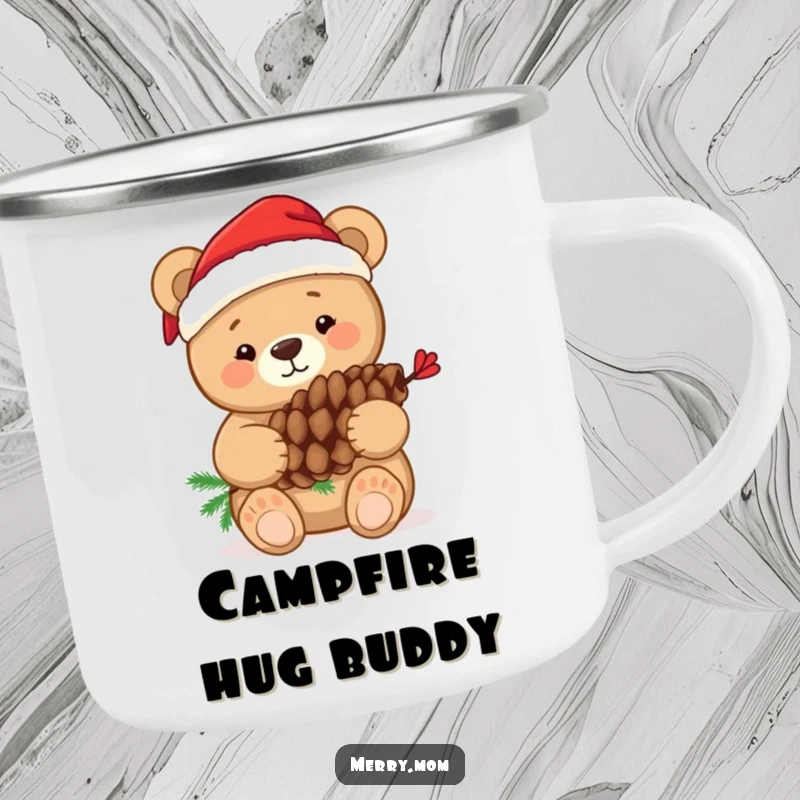 Funny camping mug depicting a bear in a Santa hat hugging a pine cone, suitable for outdoor holiday enjoyment.