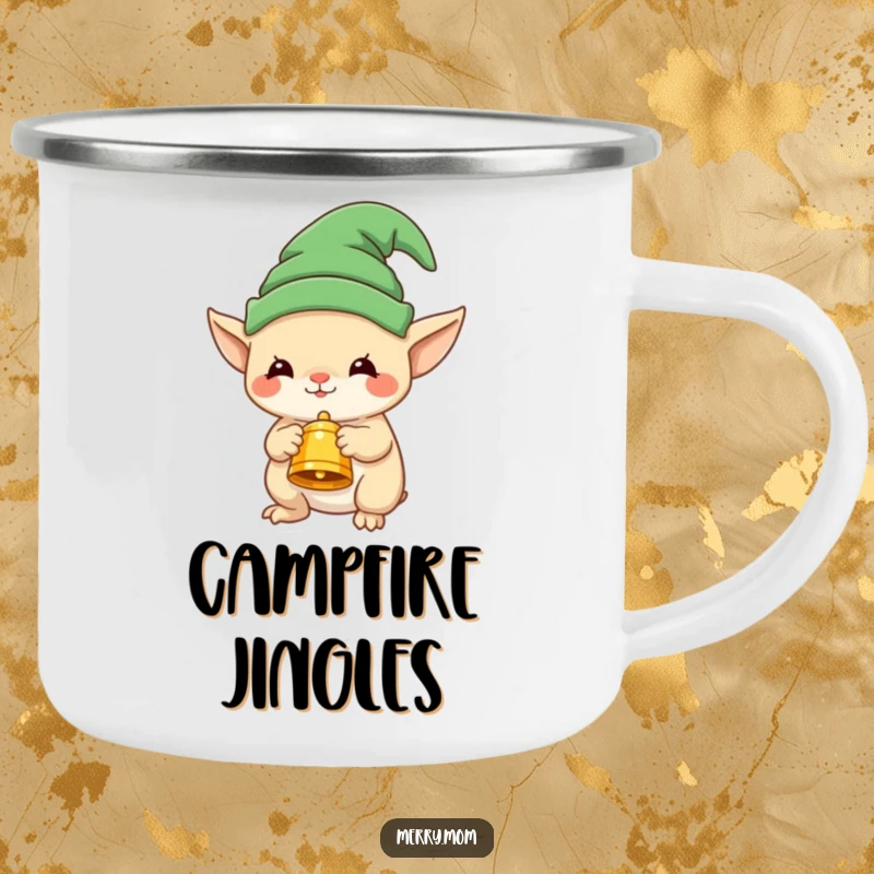 Funny, durable camping mug with an elf creature and a festive bell, great for outdoor holiday adventures.
