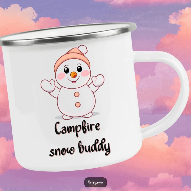 Funny smiling snowman character with carrot nose, waving a mittened hand on a camping mug, ideal for humorous outdoor holidays.