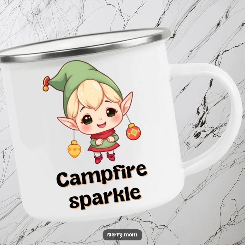 Funny camping mug featuring a cheerful elf with pointy ears, gleefully hanging ornaments, perfect for outdoor holiday cheer.