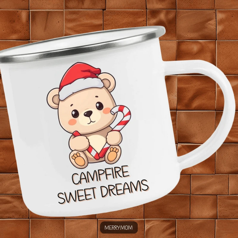 Funny camping mug featuring a sweet bear in a Santa hat, holding a candy cane outdoors.