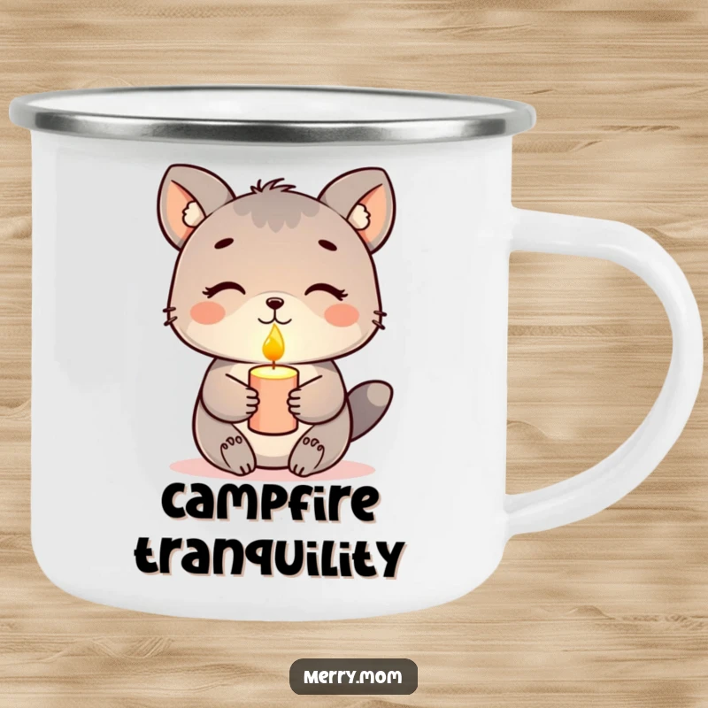 Funny enamel camping mug, animal holding a glowing candle with a peaceful expression, serene outdoor gear.