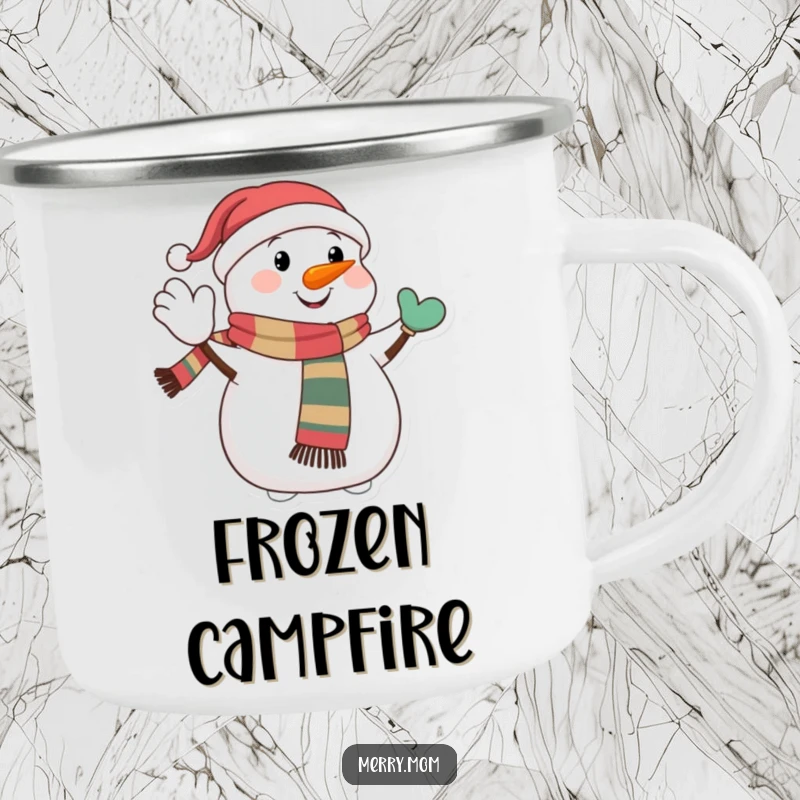 Funny camping mug featuring a happy snowman with a festive scarf, giving a jolly wave, perfect for outdoor winter cheer.