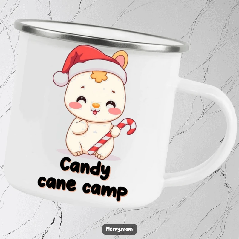 Funny camping mug featuring a cheerful animal wearing a Santa hat and holding a candy cane, perfect for holiday adventures.