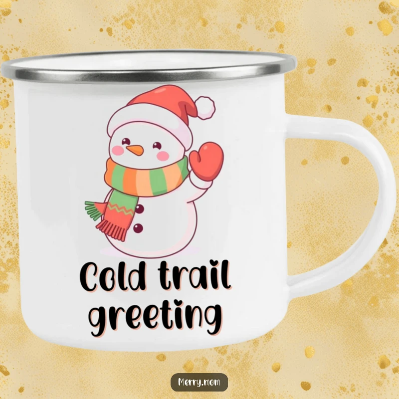 Funny kawaii snowman camping mug featuring a cute snowman in a festive scarf waving a mitten, perfect for winter outdoor sips.