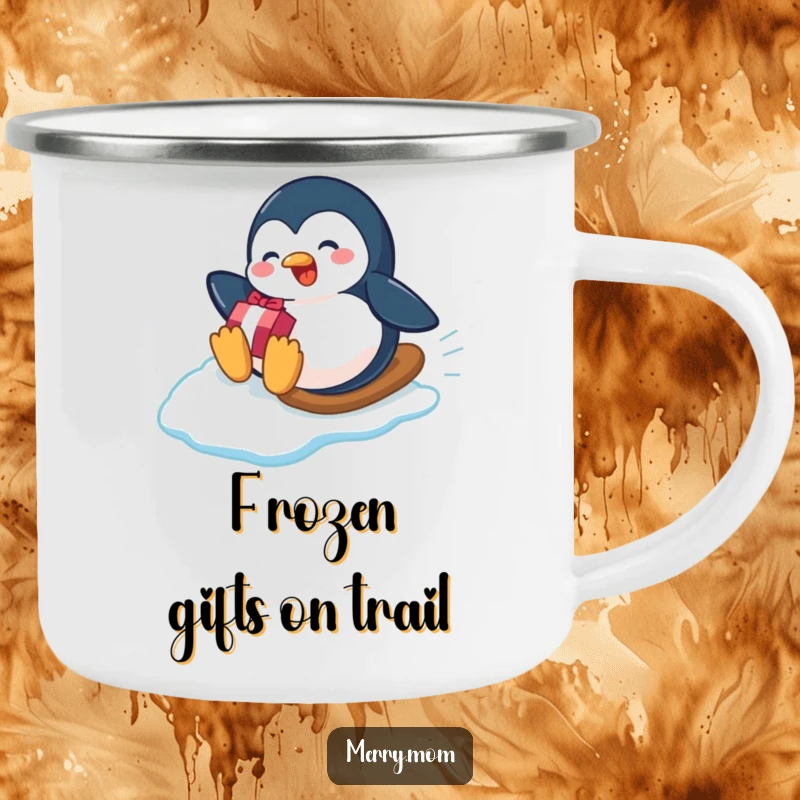 Funny playful penguin sliding down an icy slope with a gift on a camping mug, ideal for humorous outdoor adventures.