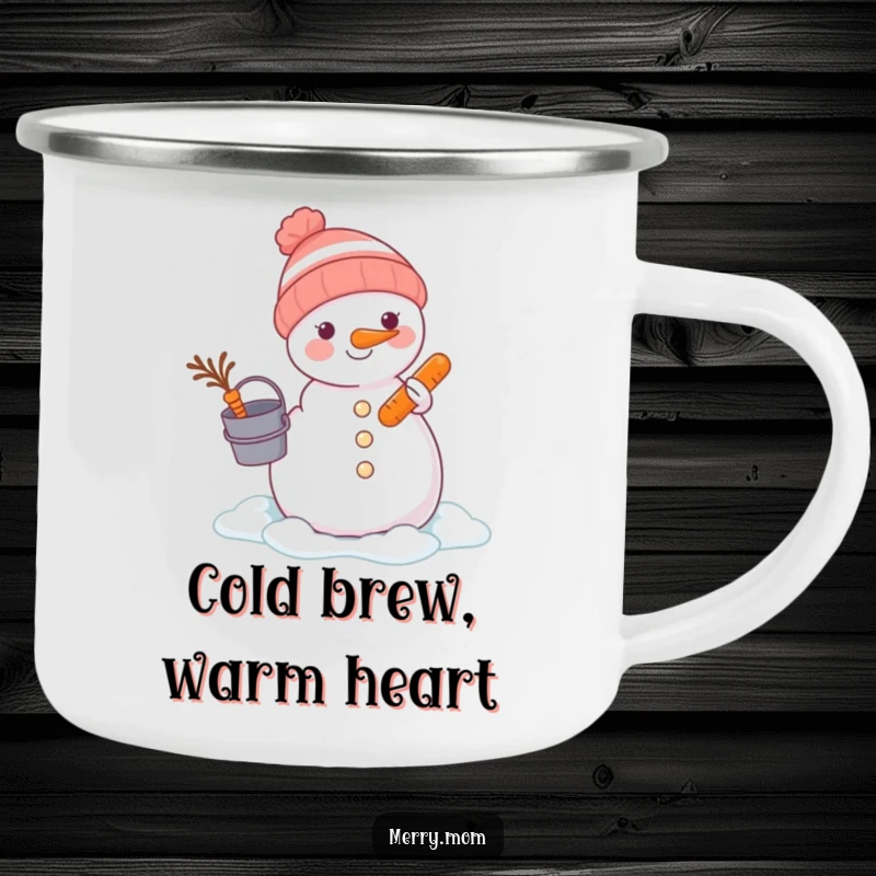 Funny animal building a snowman with a bucket and carrot on a camping mug, ready for outdoor winter adventures.