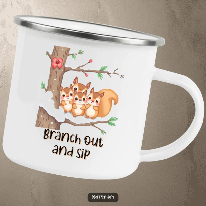 Funny enamel camping mug with a kawaii squirrel family peeking from a snowy branch, ideal for warm drinks outdoors.