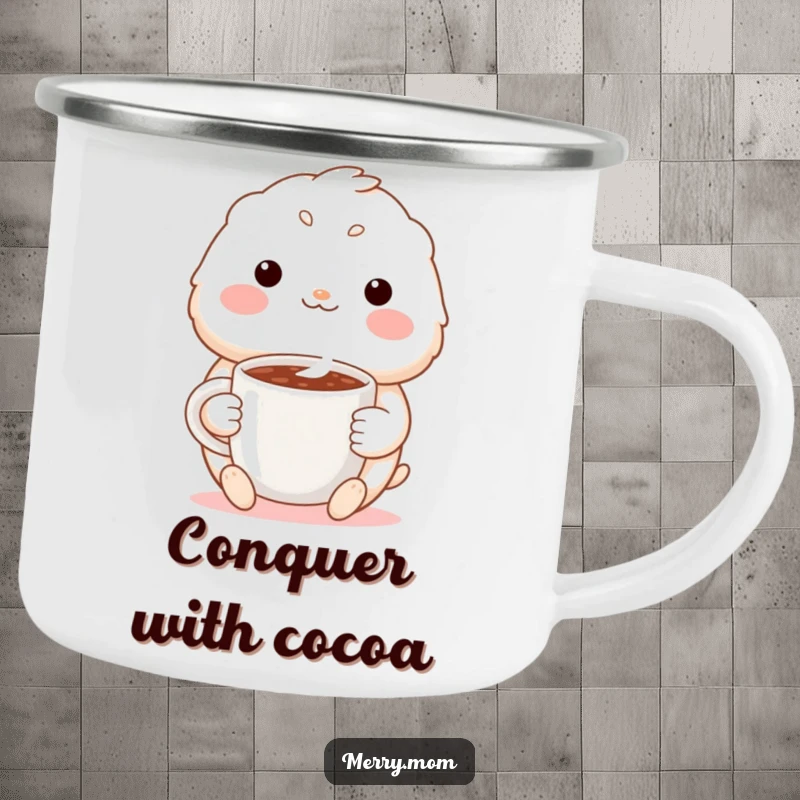 Funny camping mug with a cute creature offering a warm smile while holding a steaming mug of cocoa, ideal for outdoor relaxation.