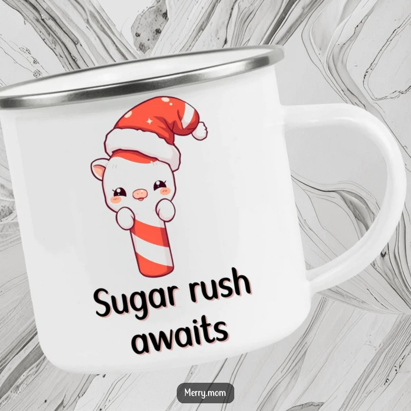 Funny camping mug with a cute creature in a Santa hat peeking from behind a giant candy cane, perfect for holiday trips.
