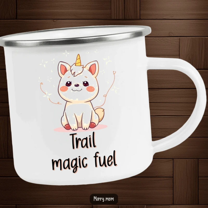 Funny gleeful animal surrounded by twinkling fairy lights on a durable enamel camping mug for outdoor enjoyment and laughter.