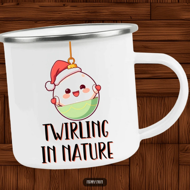 Funny camping mug featuring a cute Kawaii Christmas ornament character happily spinning, perfect for holiday outdoor enjoyment.
